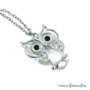 Owl On Branch Silver Tone Rhinestones Pendant Necklace